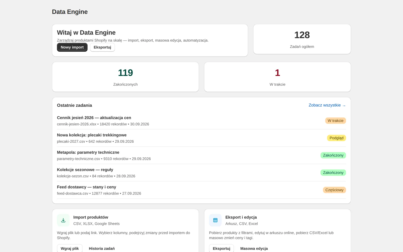 Pulpit Data Engine: liczba zadań, zadania zakończone i w trakcie oraz lista ostatnich importów ze statusami