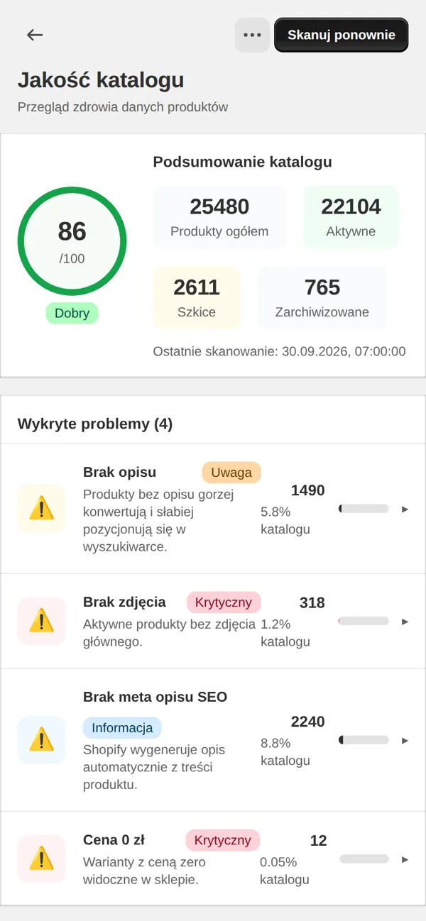 Data Engine na telefonie: jakość katalogu z wynikiem 86 na 100 i listą wykrytych problemów