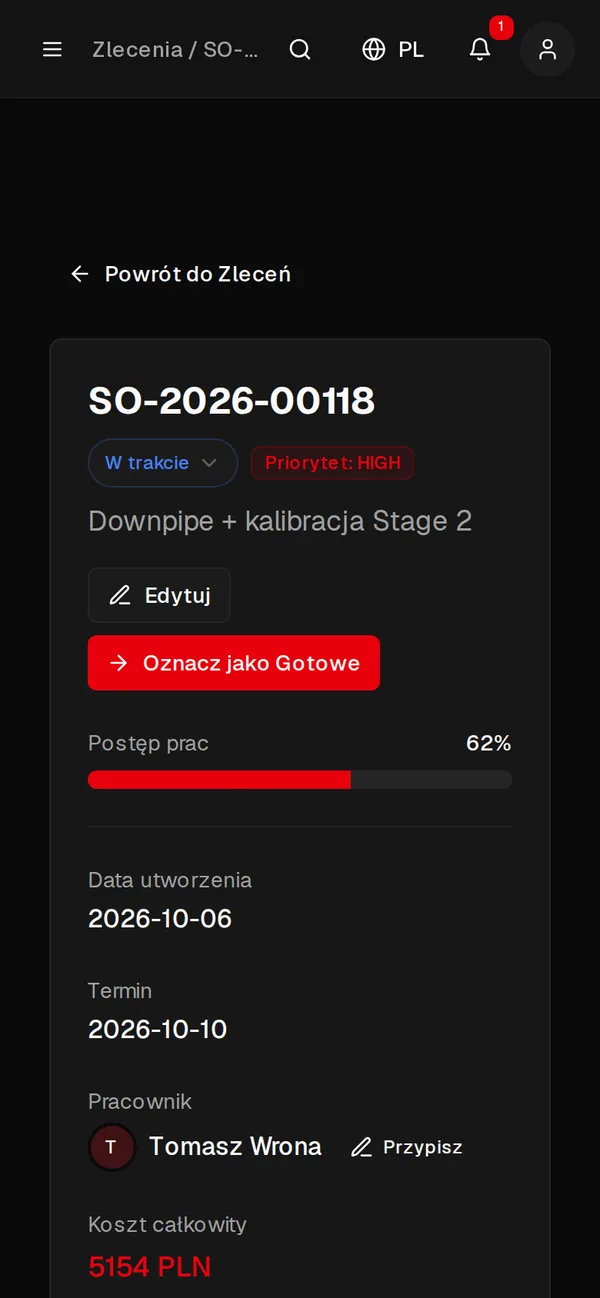 Zlecenie w Kitsune Garage na telefonie: status, postęp prac, pracownik i koszt