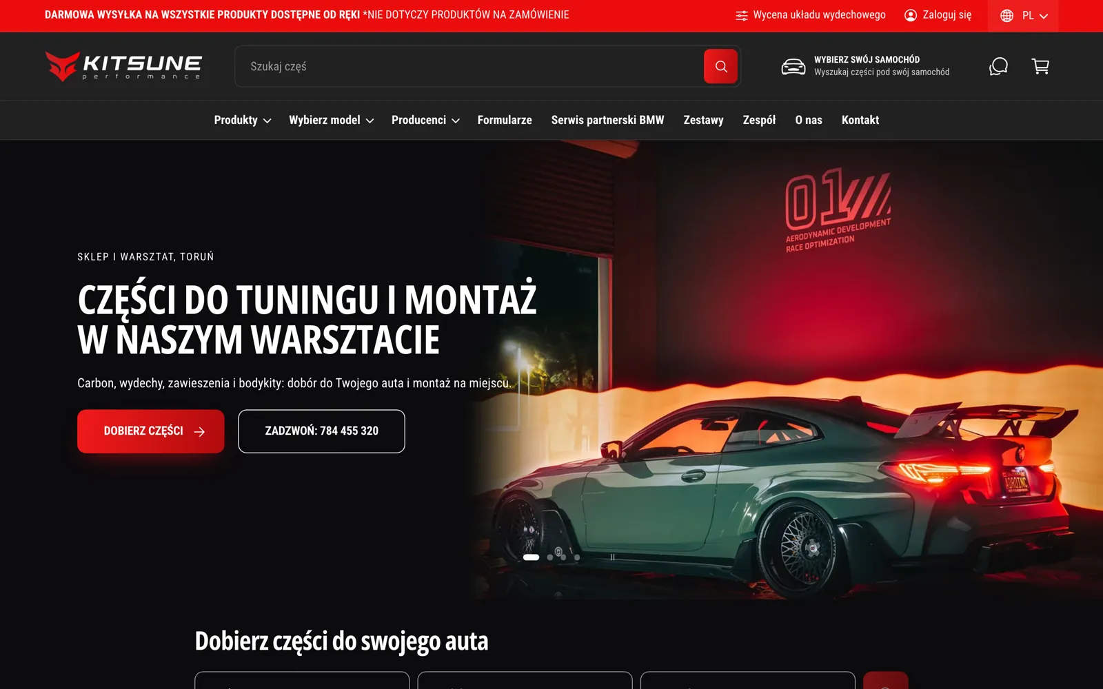 Strona główna sklepu: pasek informacji, wyszukiwarka, wybór auta, menu kategorii i hero z autem po tuningu