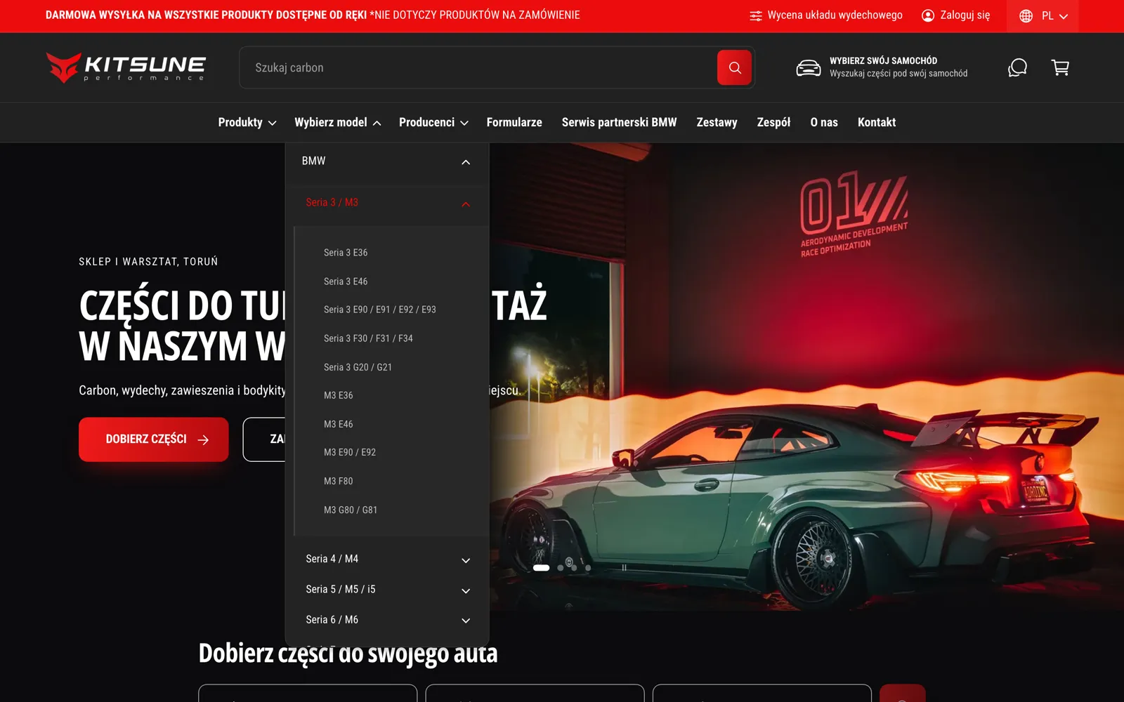 Rozwinięte mega menu: BMW, Seria 3 / M3 i lista dziesięciu generacji od E36 do G80