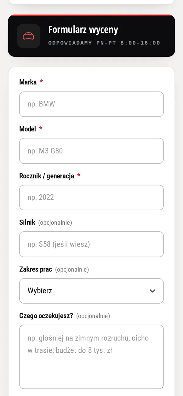 Formularz wyceny układu wydechowego na telefonie: marka, model, rocznik, silnik i zakres prac
