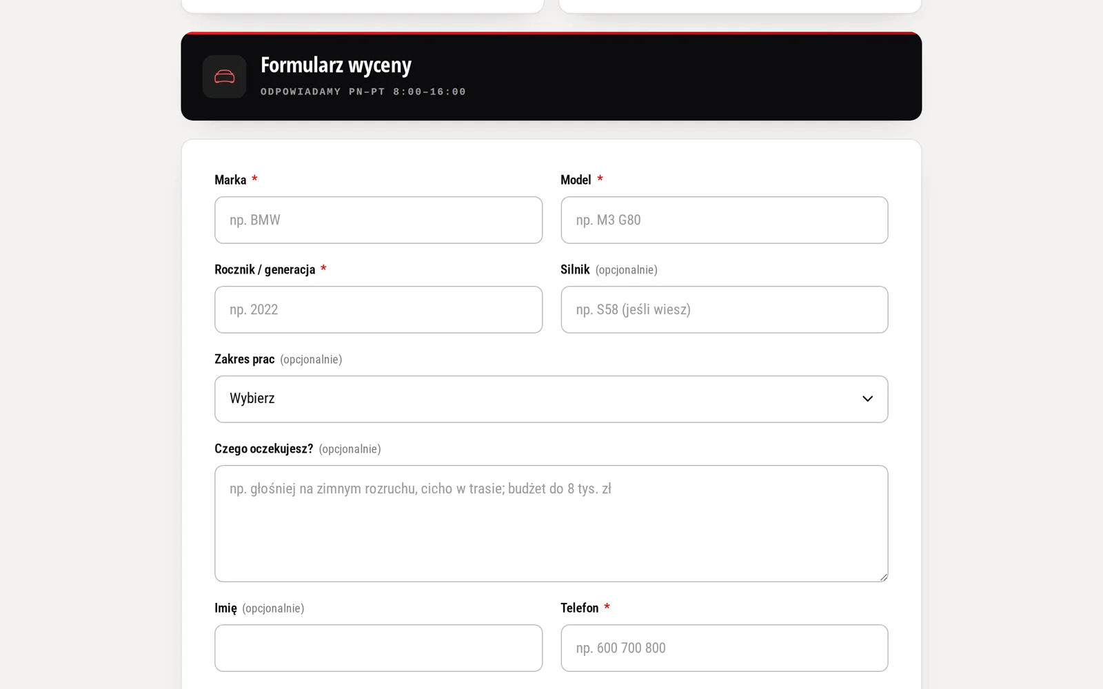 Formularz wyceny: marka, model, rocznik, silnik, zakres prac, oczekiwania, imię i telefon